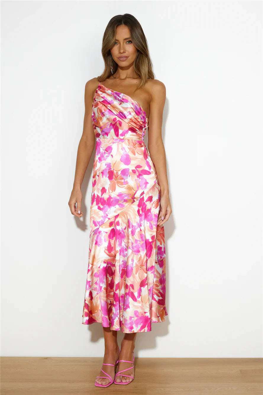Eliza - Floral Satin One-Shoulder Maxi Dress