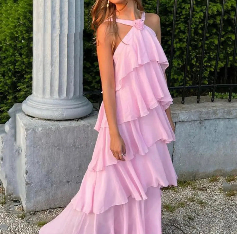 Halterneck Ruffle Maxi Dress