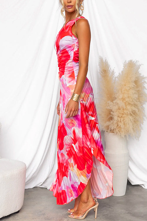 Pleated One-Shoulder Flowy Dress