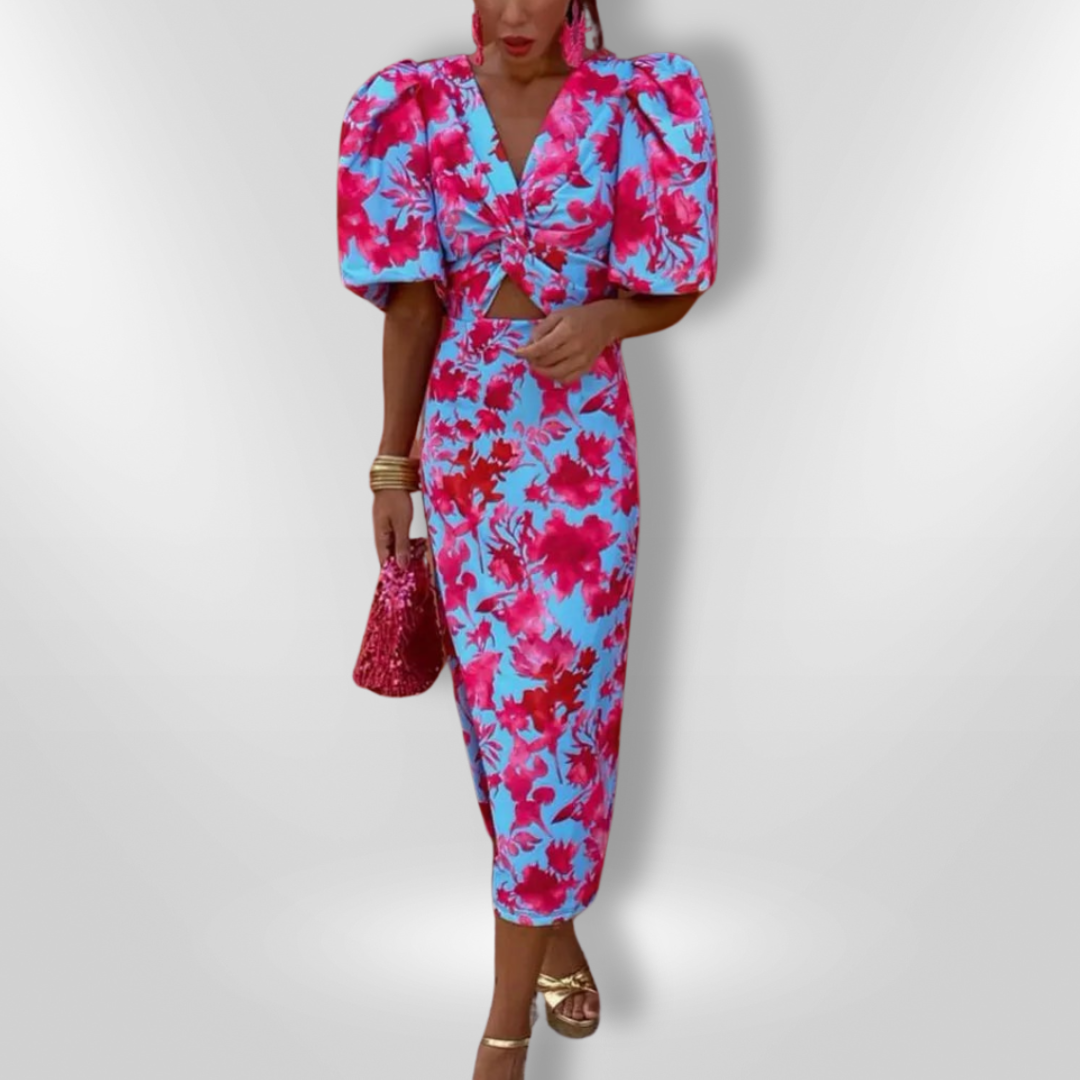 Pleated Sleeve Colourful Midi Dress