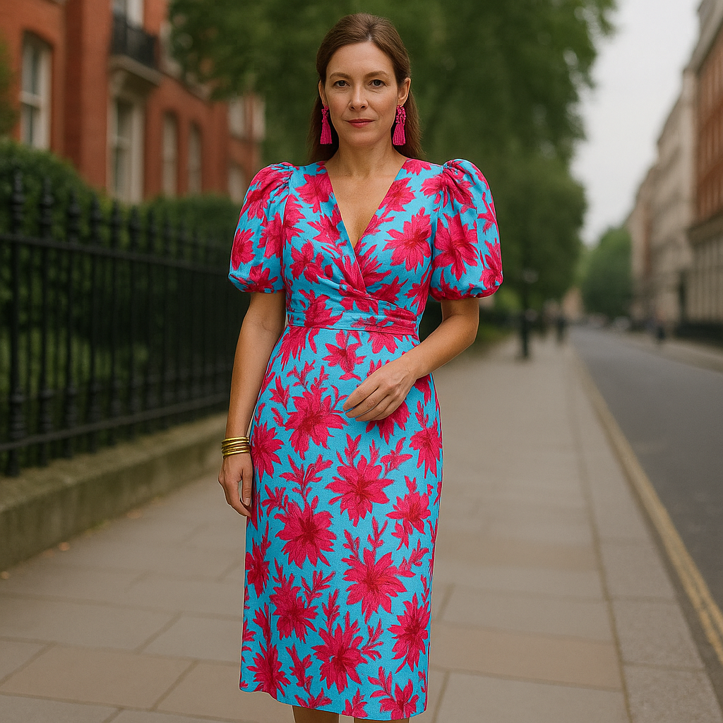 Pleated Sleeve Colourful Midi Dress