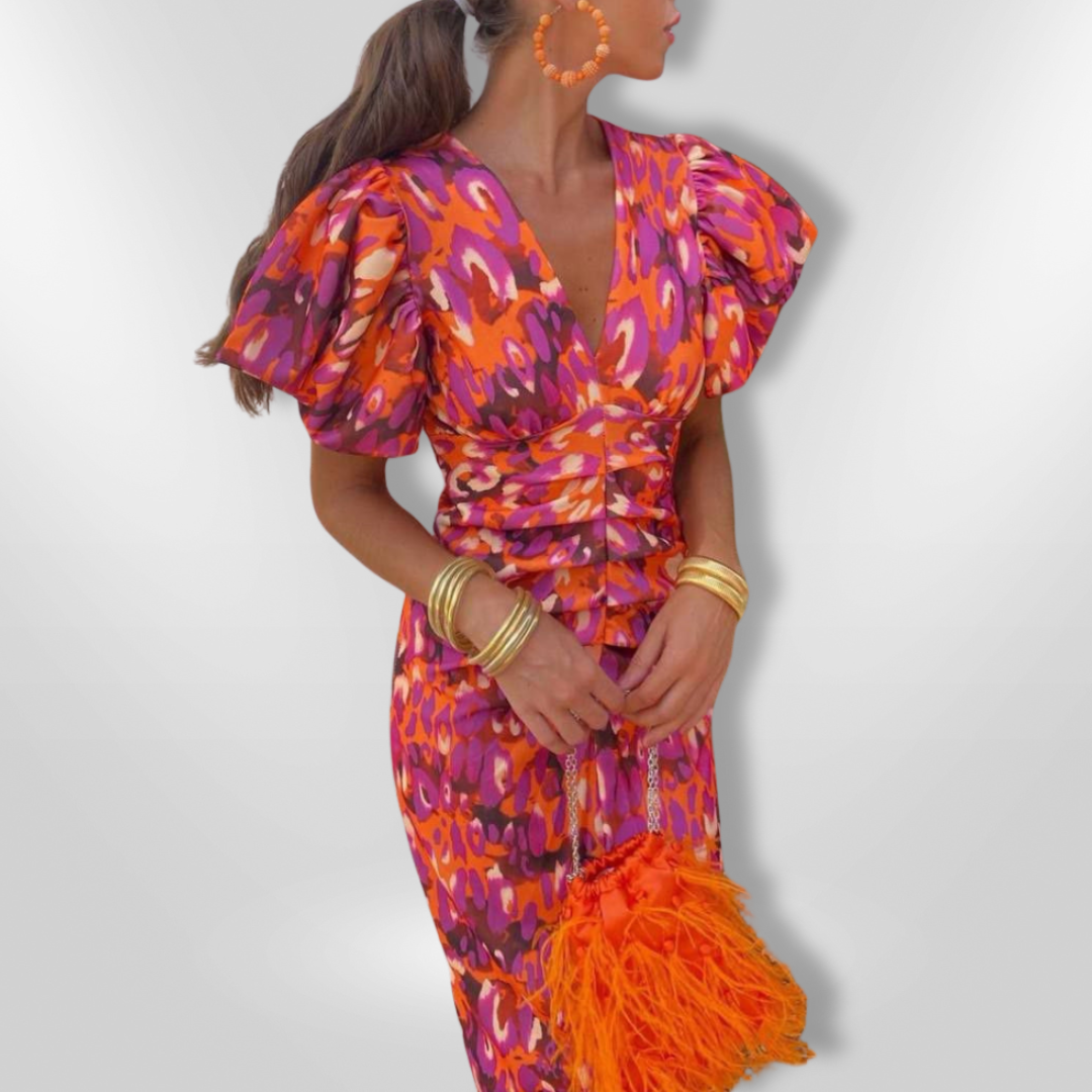 Pleated Sleeve Colourful Midi Dress