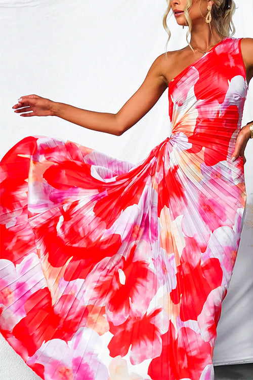 Pleated One-Shoulder Flowy Dress