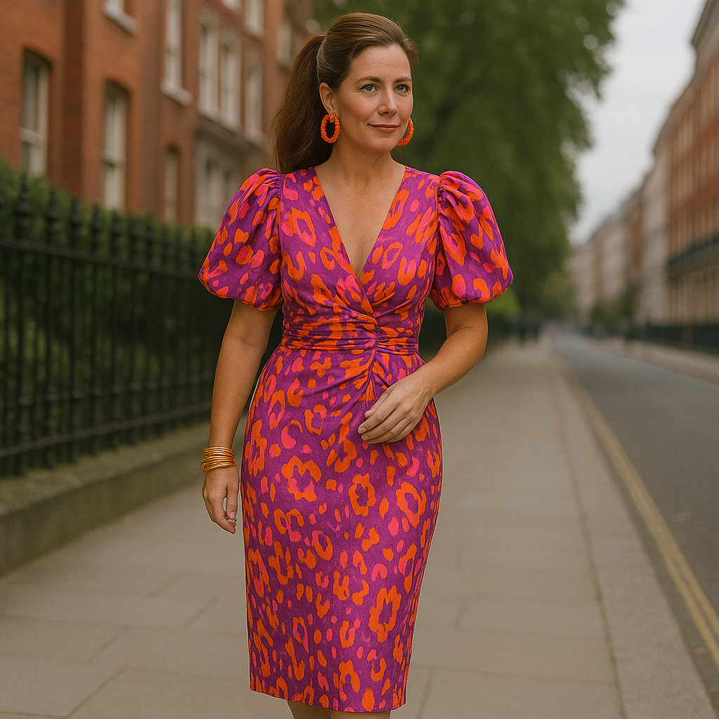 Pleated Sleeve Colourful Midi Dress