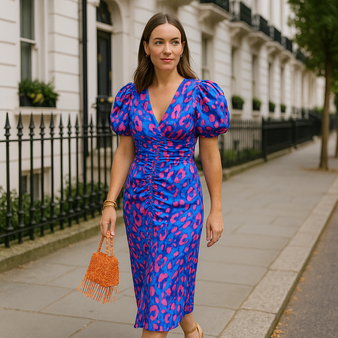 Pleated Sleeve Colourful Midi Dress