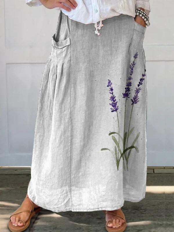 Marian | Watercolour Lavender Floral Printed Elastic waistband Pocket Skirt