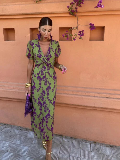 Loren - Vibrant Midi Dress with Puff Sleeves