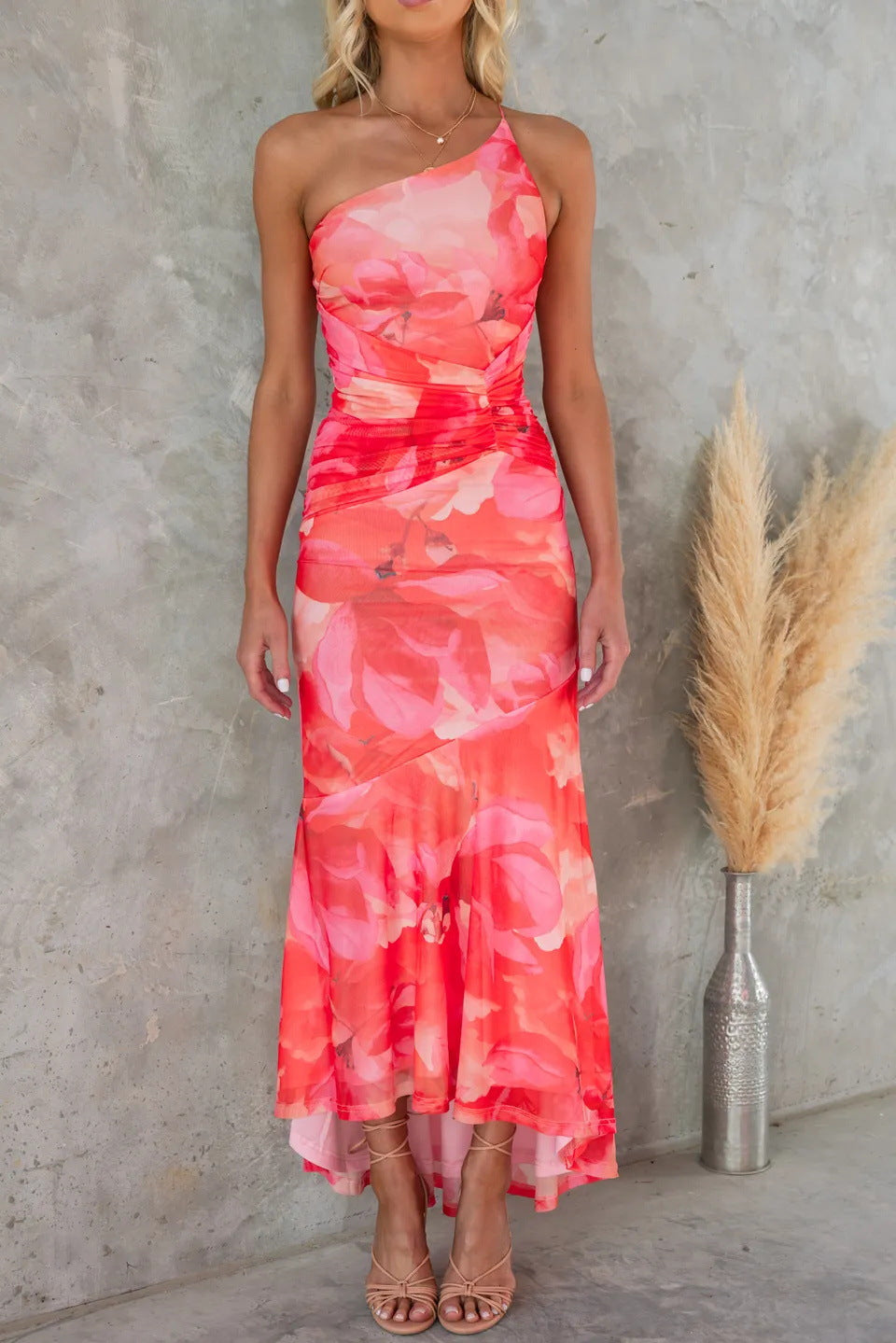 One-Shoulder Pleated Maxi Dress
