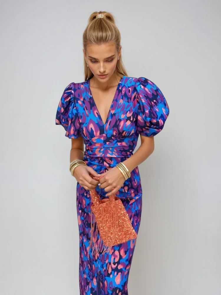 Pleated Sleeve Colourful Midi Dress